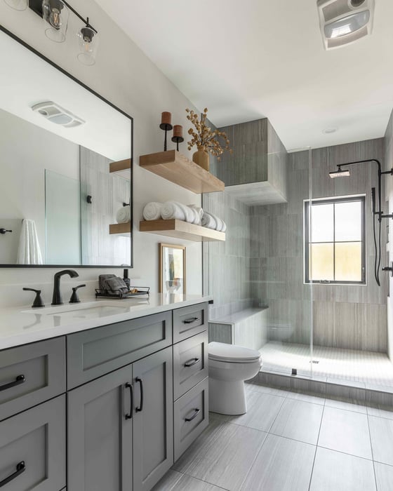 Large bathroom with vanity and mirror | J Bryant Boyd