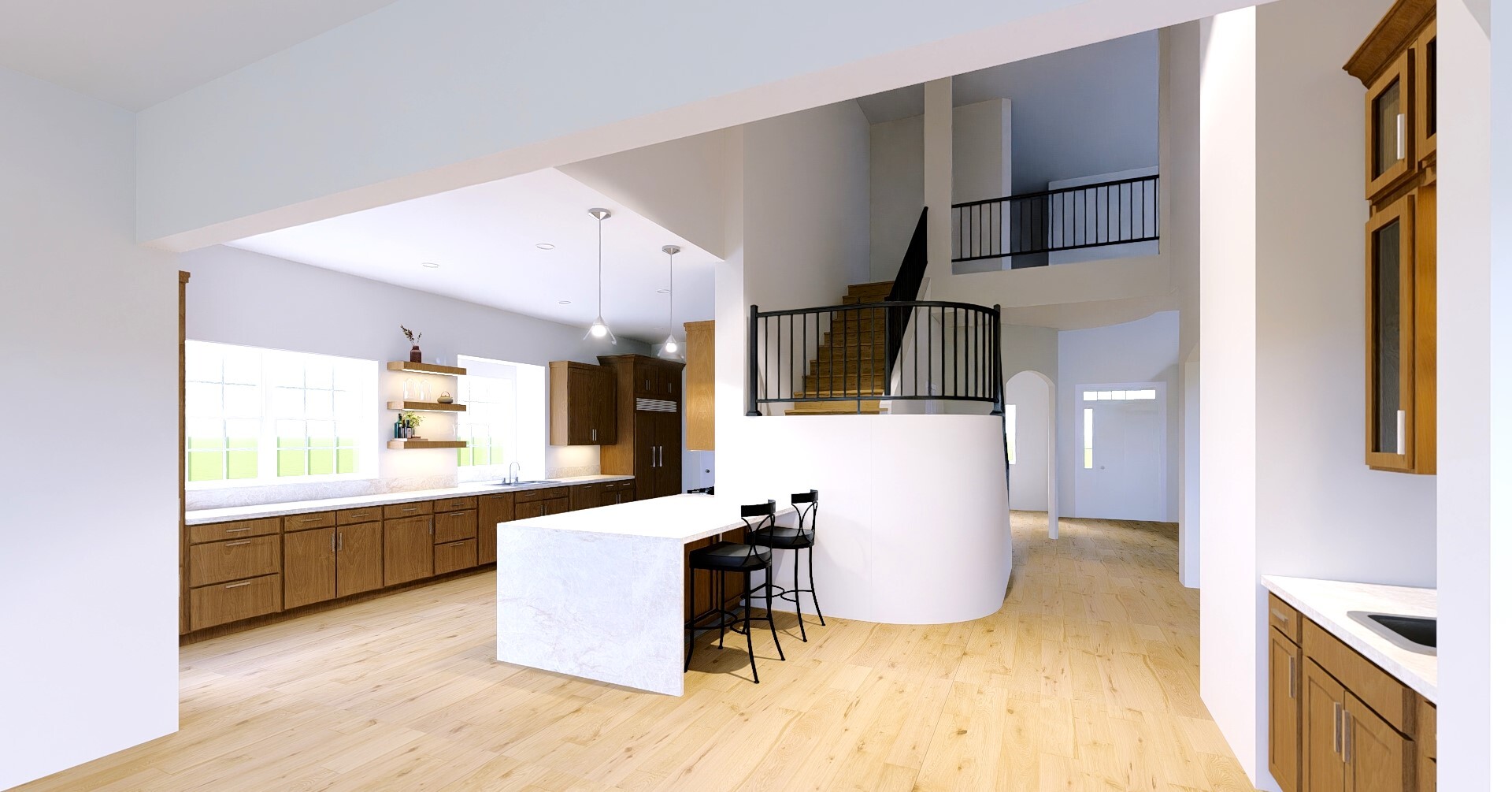 Open kitchen and living area in a Georgetown, TX, home remodel, featuring a waterfall-edge island with bar seating, floating shelves, and a curved staircase with iron railing leading to a loft. Open kitchen and living area in a Georgetown, TX, home remodel, featuring a waterfall-edge island with bar seating, floating shelves, and a curved staircase with iron railing leading to a loft.