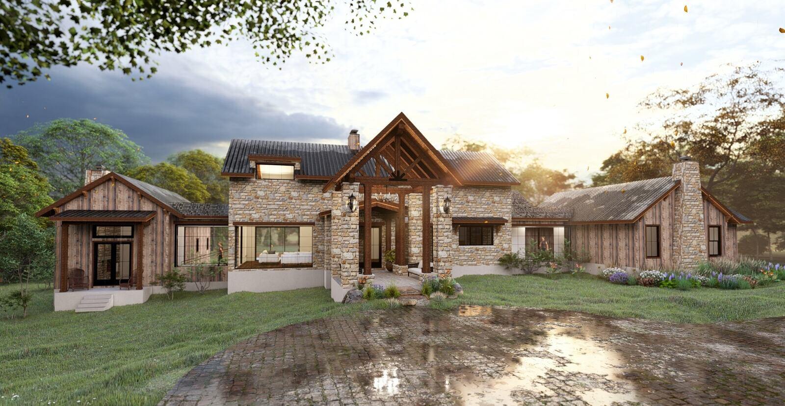 Rendered front view of a custom home by J Bryant Boyd in Georgetown, TX