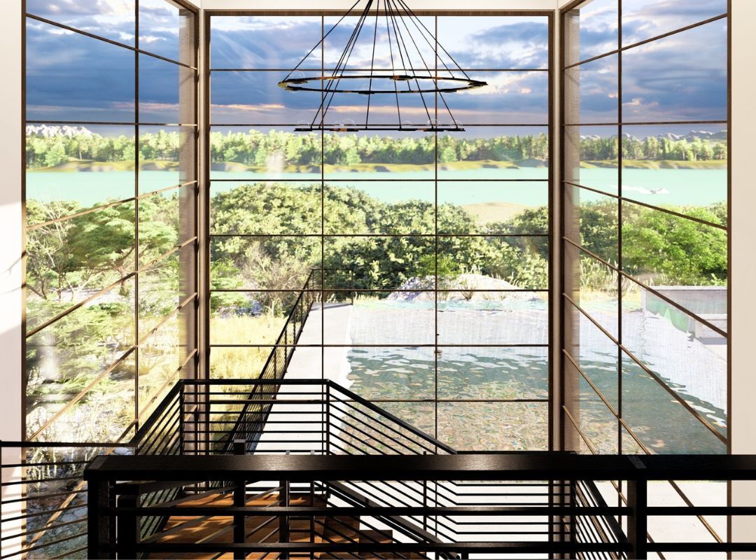 Glass windows in overlooking lake views Texas home builders | J Bryant Boyd